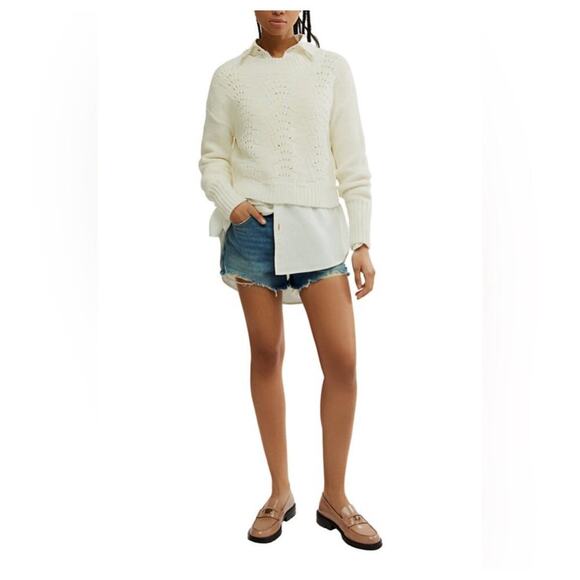 Free People Bell Song Knit Pointelle Sweater Long Sleeve  Bone White Size M NWT - Picture 1 of 13